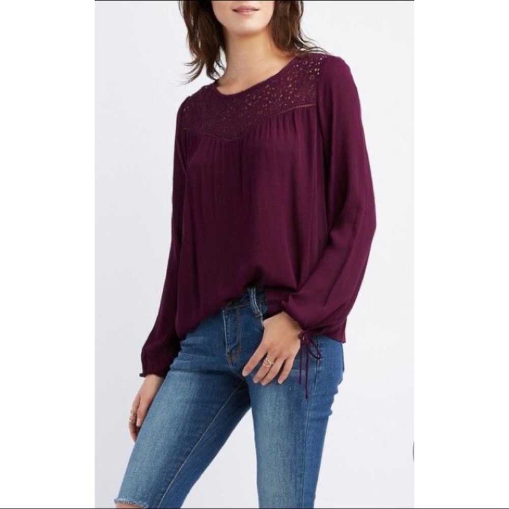 3/$30 Sale Purple Crochet Yoke Lattice-Trim Blouse